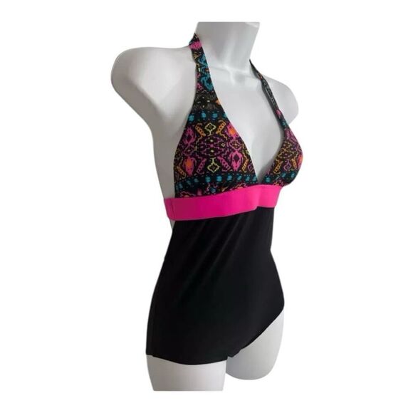 Sunshine Zone Halter Deep V-Neck One Piece Swimsuit Size M Black Pink Printed - Picture 3 of 11
